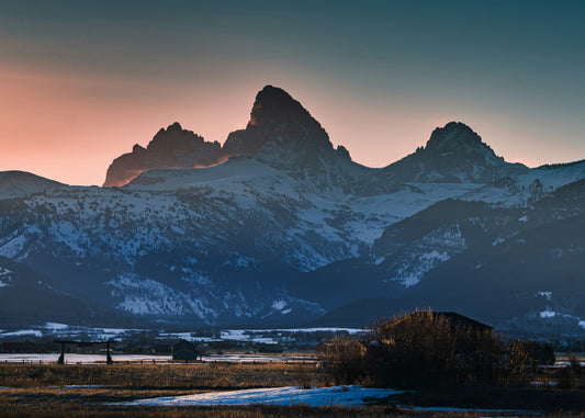 Sunrise over Grand Teton in Driggs, ID. View of the Grand Teton Mountain range from the Idaho side.